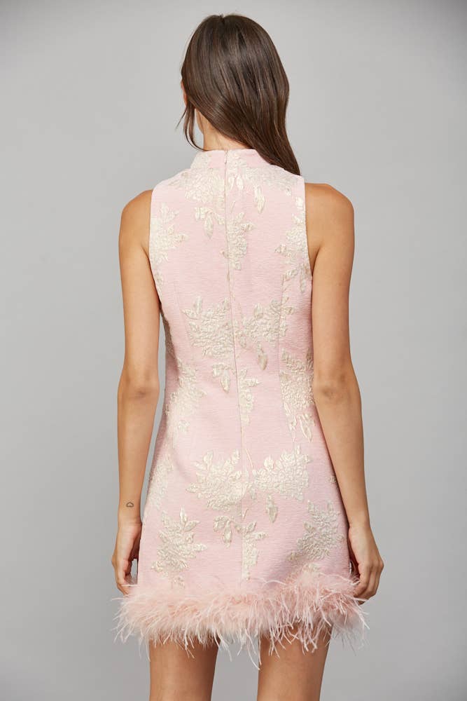 Feather Trim Metallic Floral Jacquard Dress