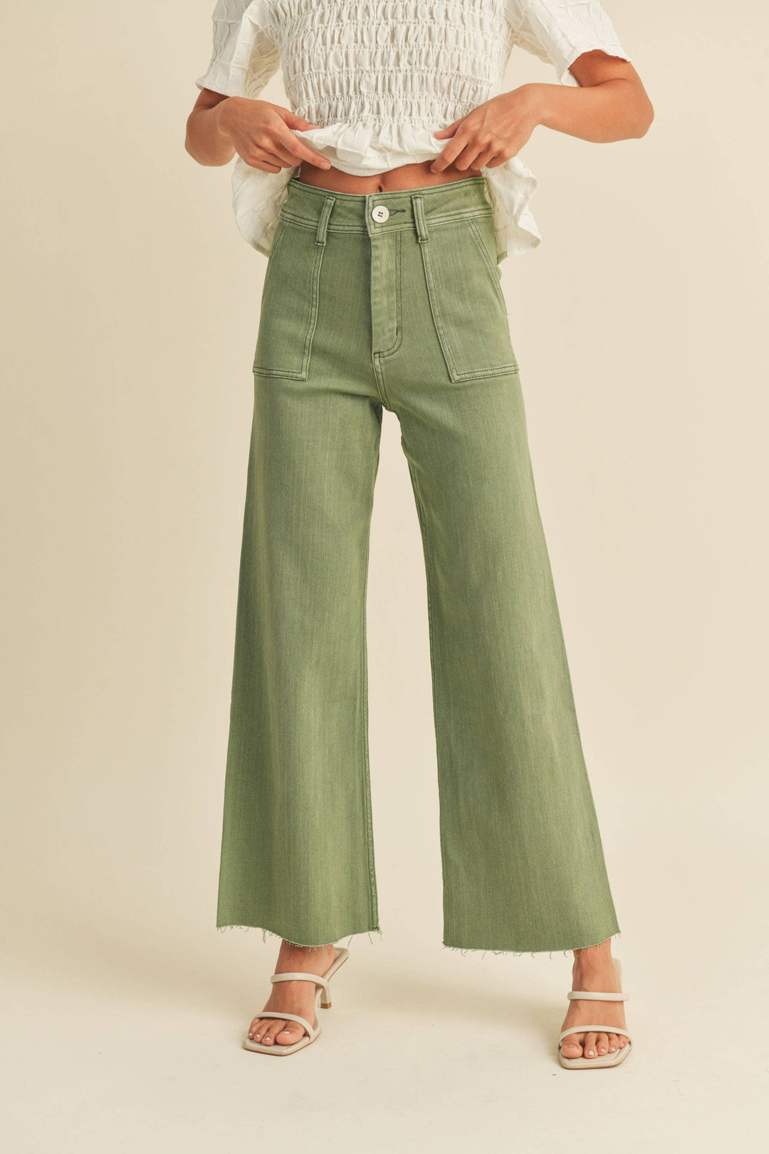 Dye And Wash Cotton Stretch Wide Leg Pants