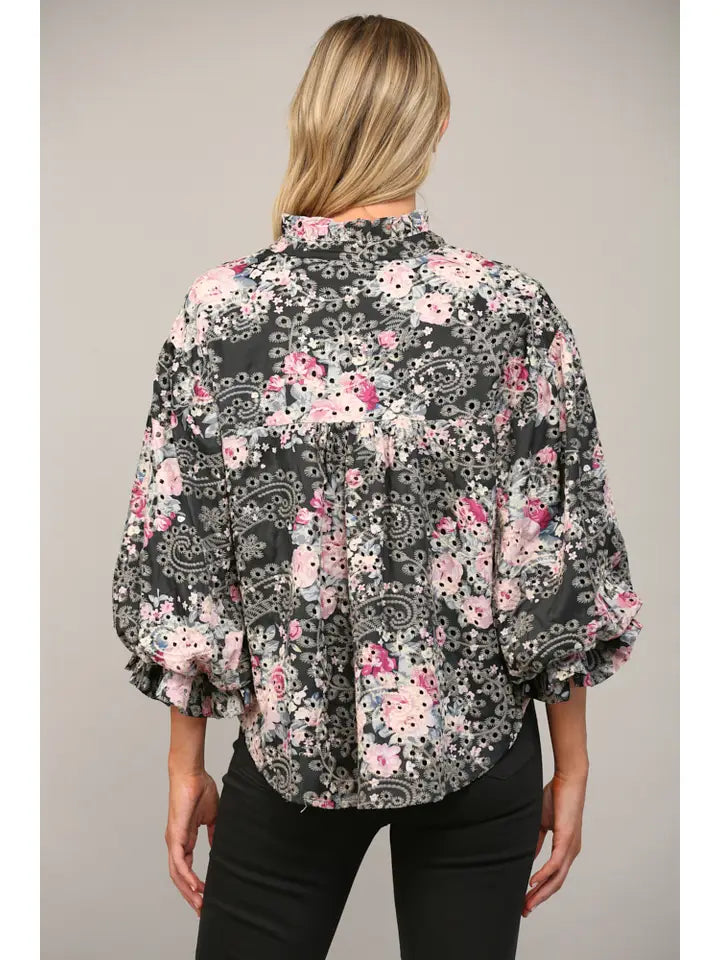 Floral Print Broderie Bubble Sleeve Blouse