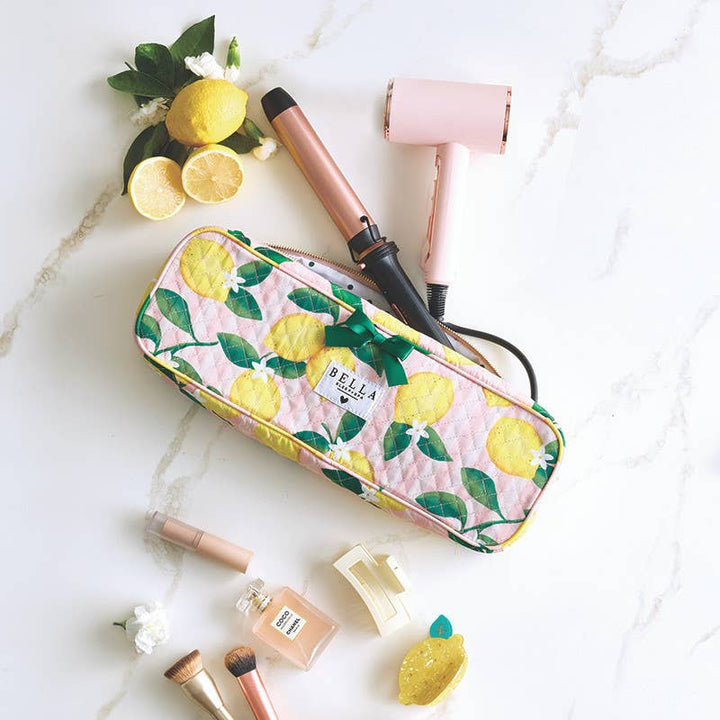 Bella Sleep + Spa - Quilted Hair Tool Bag - Pink Stripes + Lemons