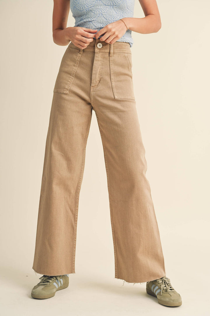 Dye And Wash Cotton Stretch Wide Leg Pants