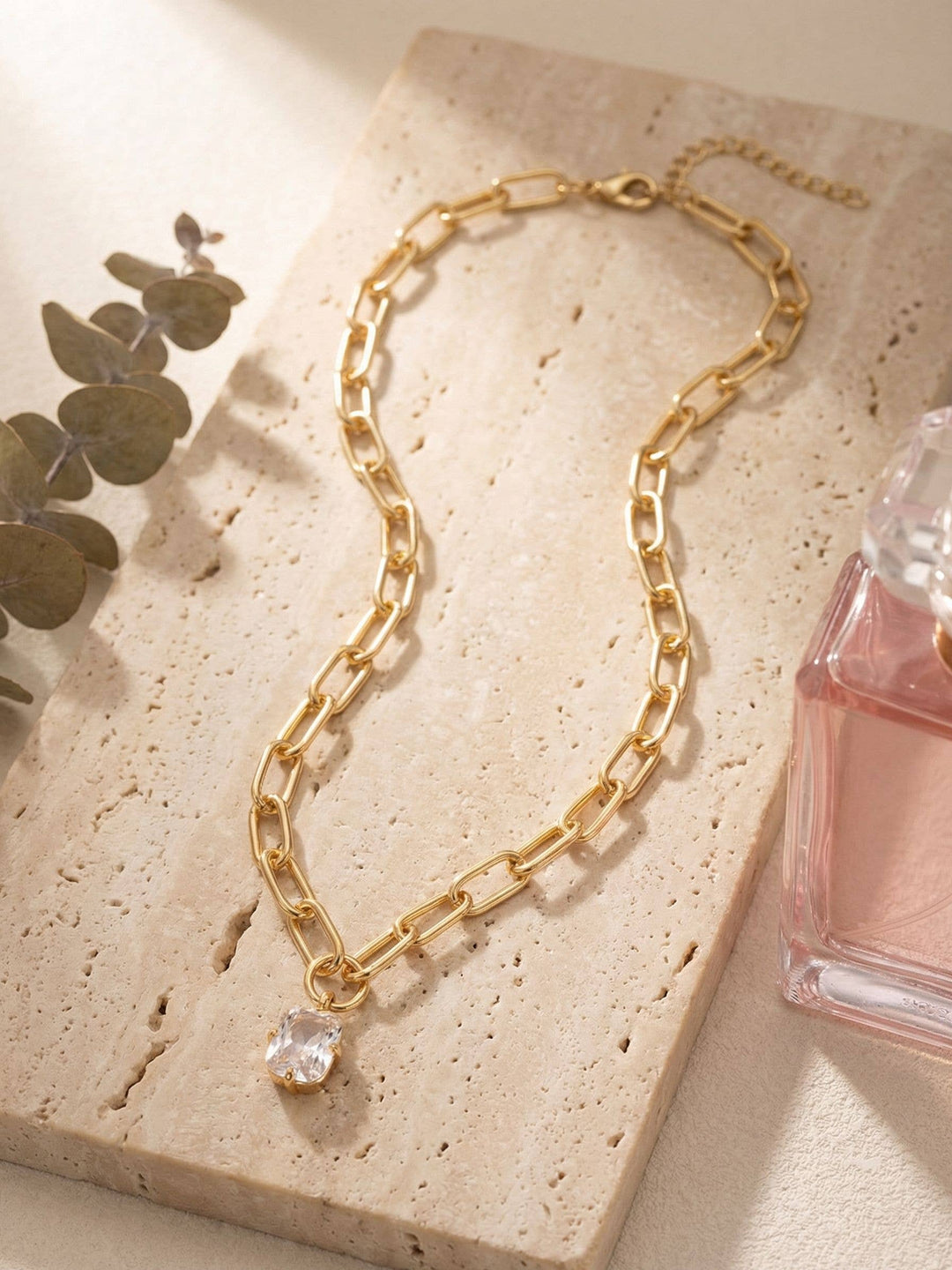 10k Gold Plated Chunky Paperclip Chain & Crystal Necklace