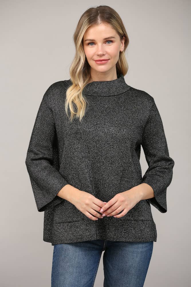 Glitter Yarn Front Pocket Detail Mock Neck Sweater