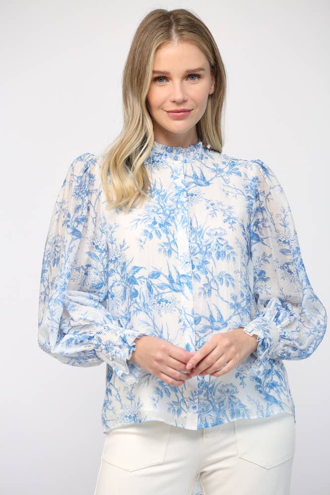 Printed Tencel Blend Ruffle Neck Blouse