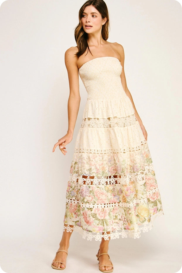 Eyelet Lace Tube Dress in Floral Print L