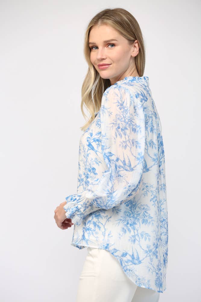 Printed Tencel Blend Ruffle Neck Blouse