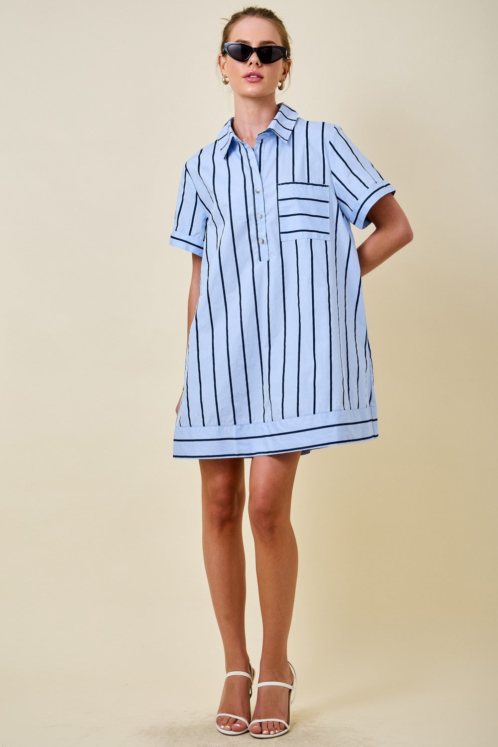 Striped Short Sleeve A-Line Collared Shirt Dress