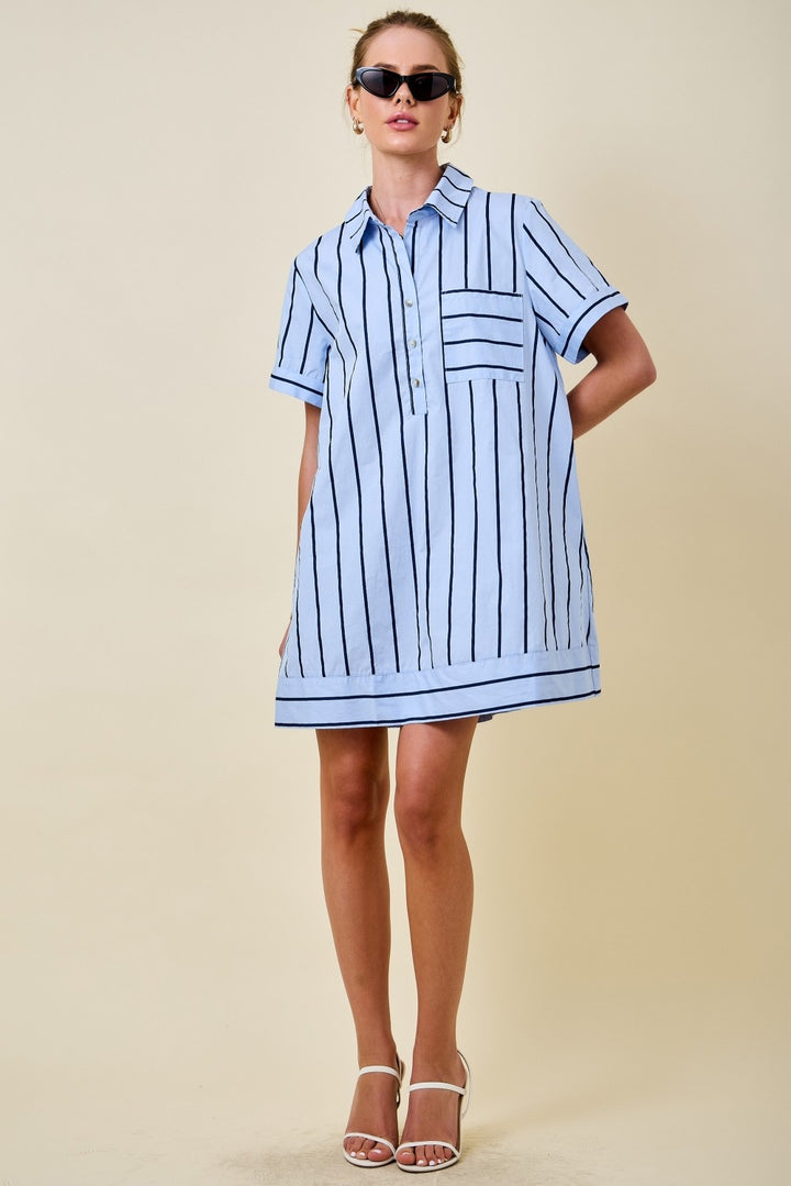 Striped Short Sleeve A-Line Collared Shirt Dress