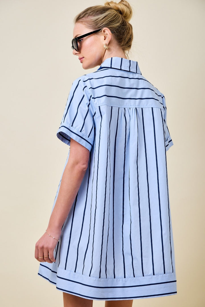 Striped Short Sleeve A-Line Collared Shirt Dress