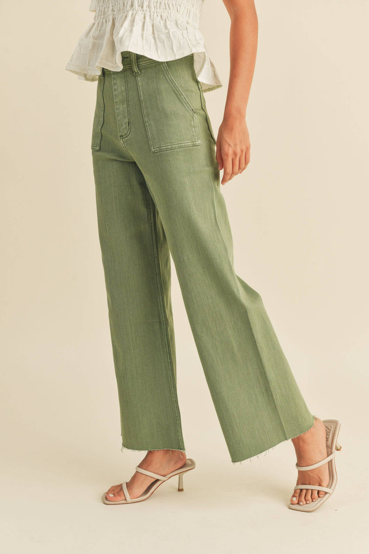 Dye And Wash Cotton Stretch Wide Leg Pants