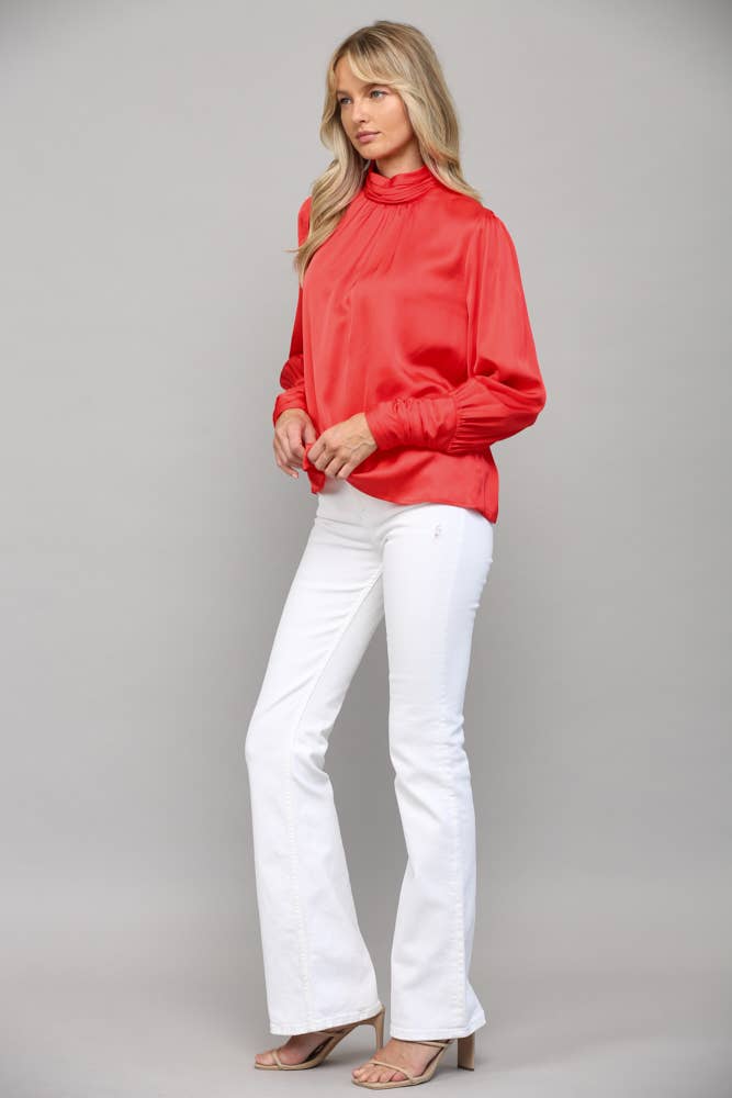 High Collar Ruched Sleeve Blouse