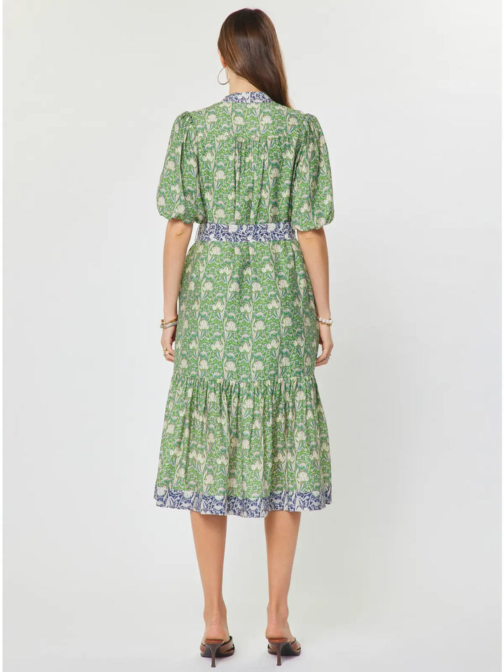 Floral Printed Puff Short Sleeve Midi Dress