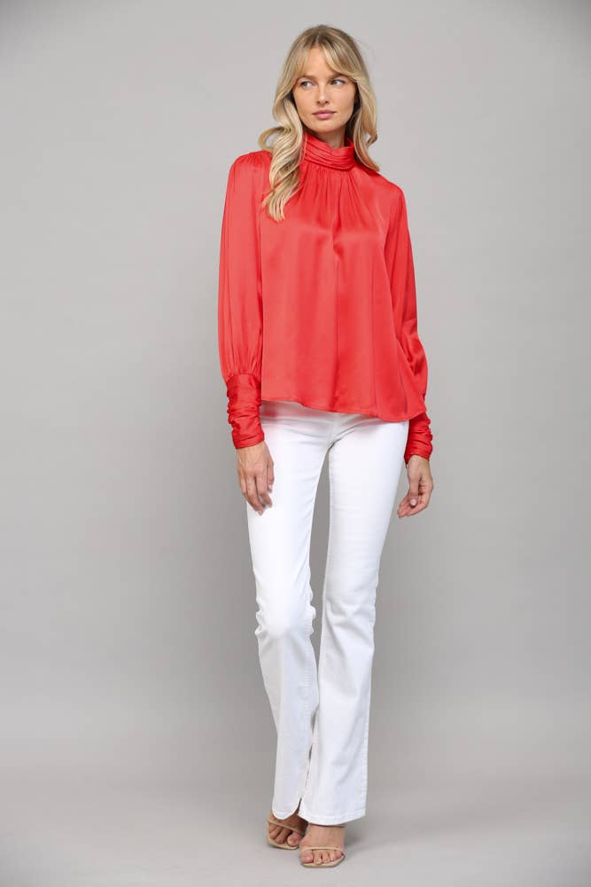 High Collar Ruched Sleeve Blouse
