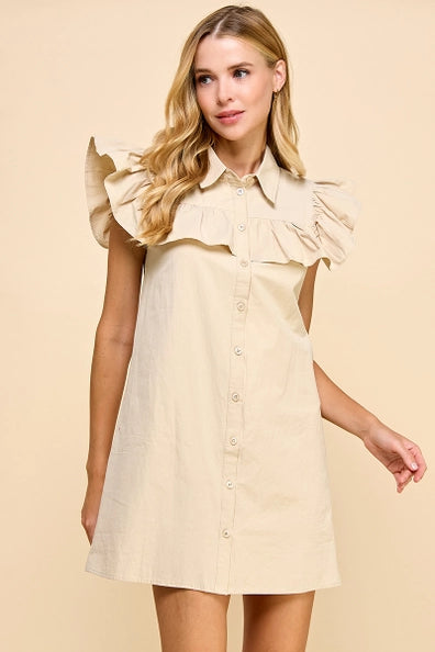 Beige Ruffle Shoulder Button Down Dress