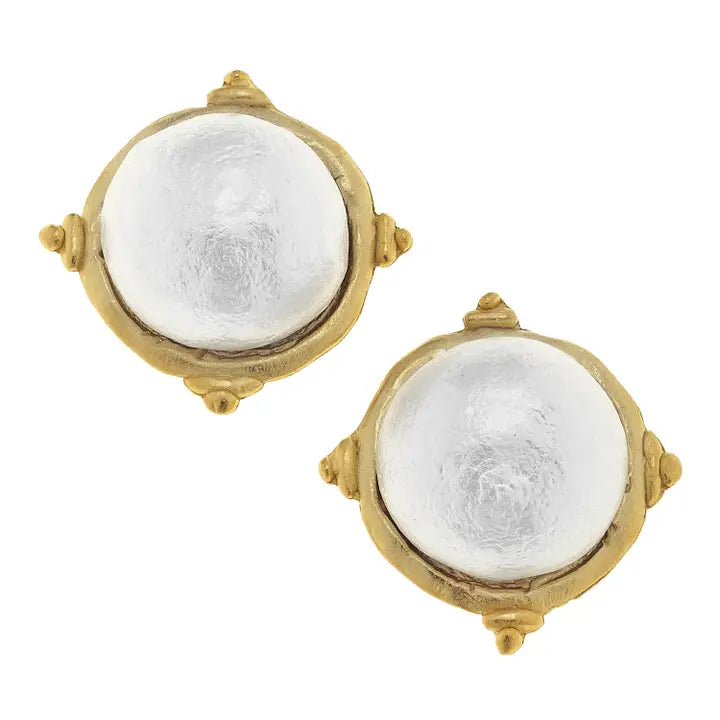 Susan Shaw Gold and White Pearl Cabochon Earrings