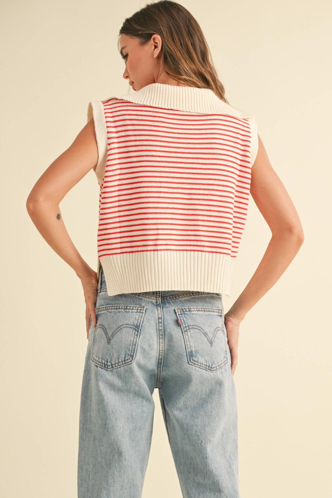 V-Neck Stripe Collar Knitted Top