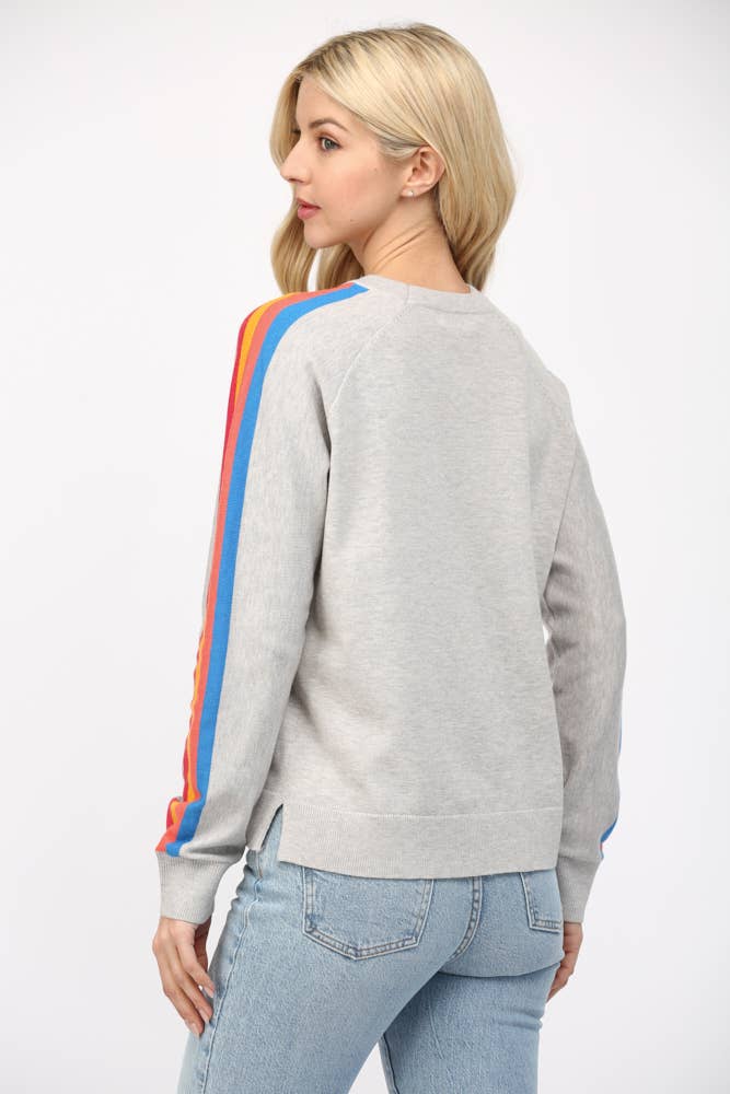 Multi Color Stripe On Sleeve Crew Neck Sweater