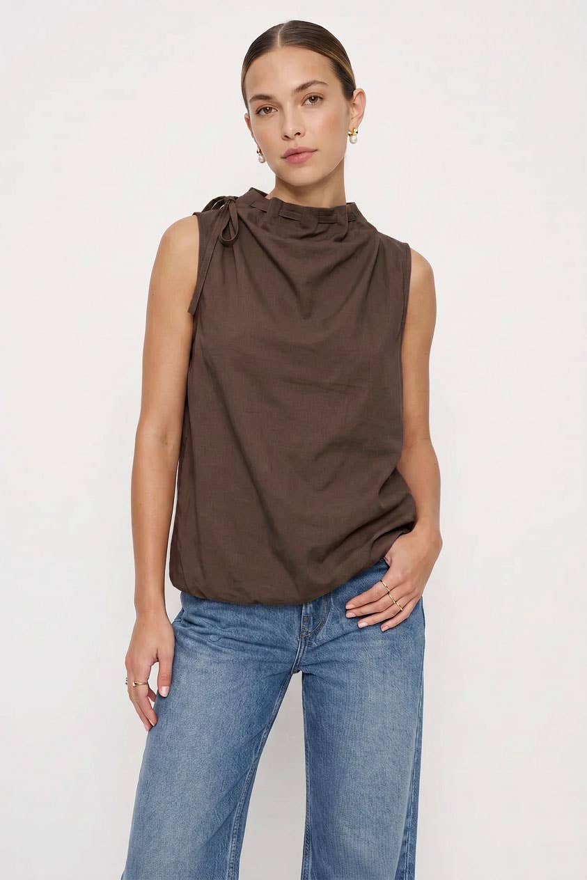 Cinched Mock Neck Sleeveless Top