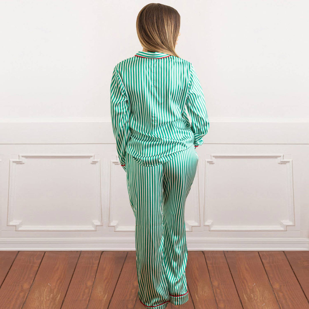 Green Stripe Satin Pant PJ Set