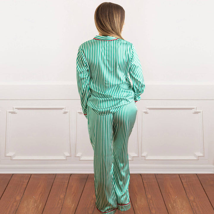 Green Stripe Satin Pant PJ Set