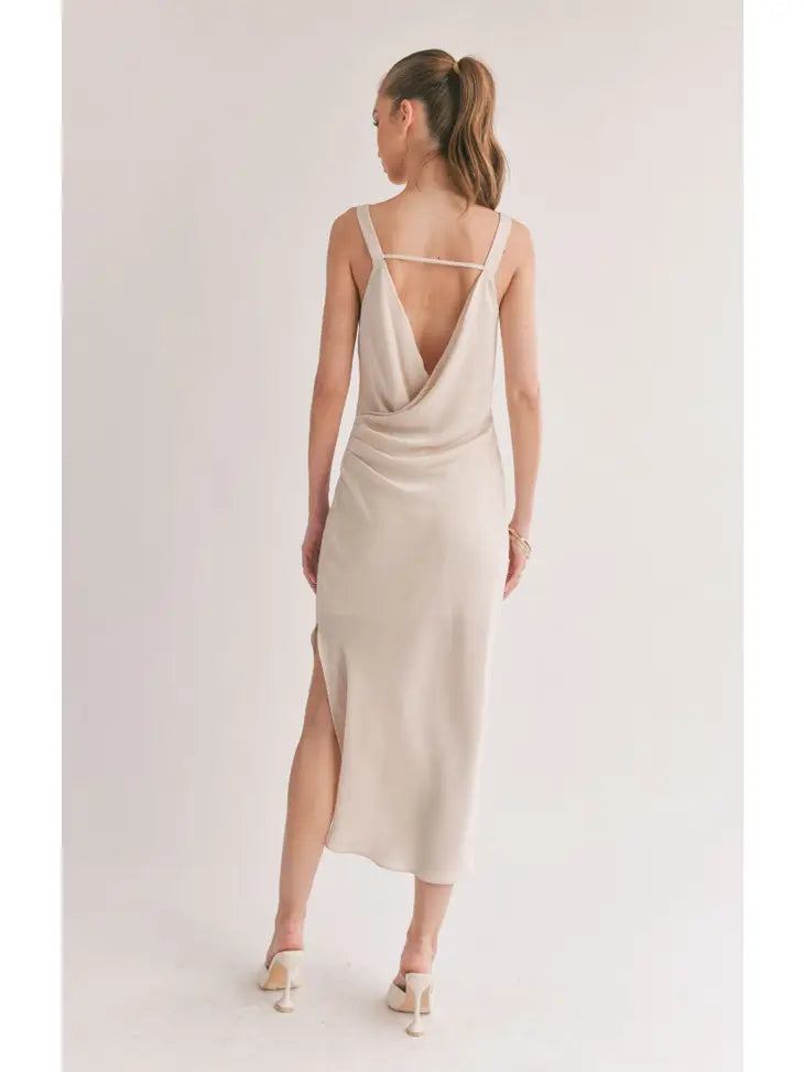 Silk Low Cowl Back Midi Dress