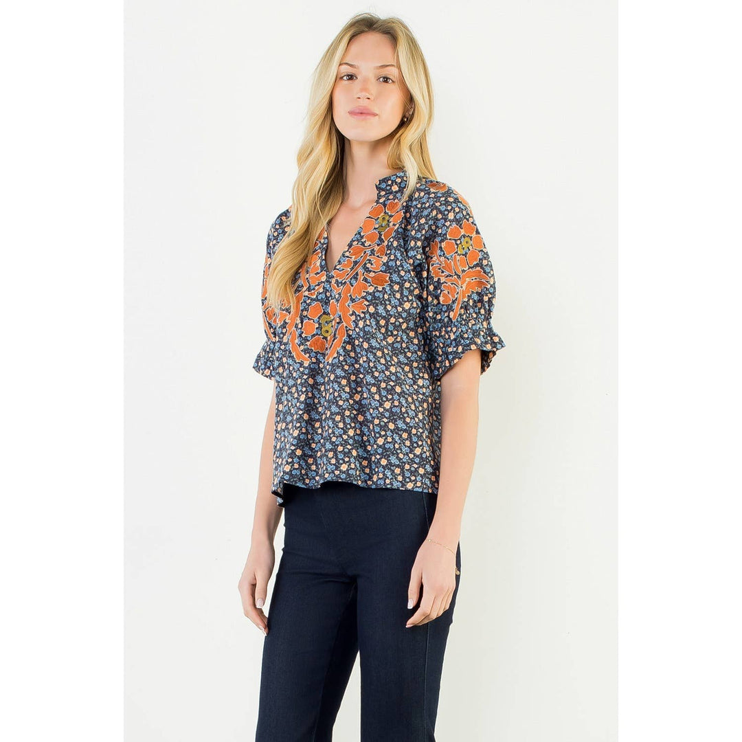Floral Print Top With Embroidery