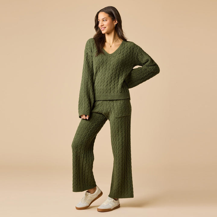 Cable Knit Marshmallow V-Neck with Flared Sleeve a