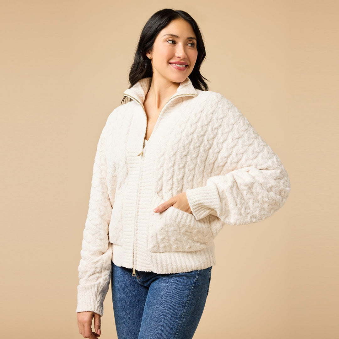 Cable Knit Marshmallow Funnel Neck Double Zip Jack