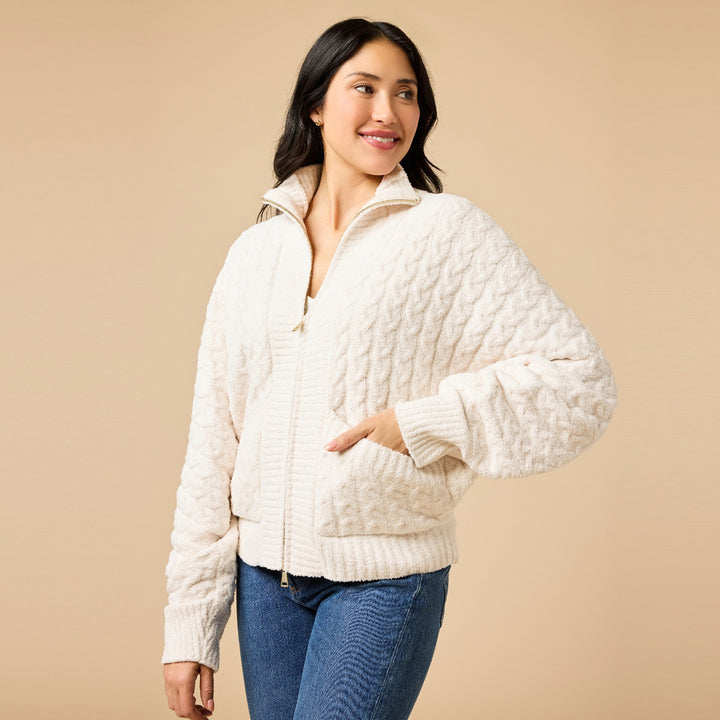Cable Knit Marshmallow Funnel Neck Double Zip Jack