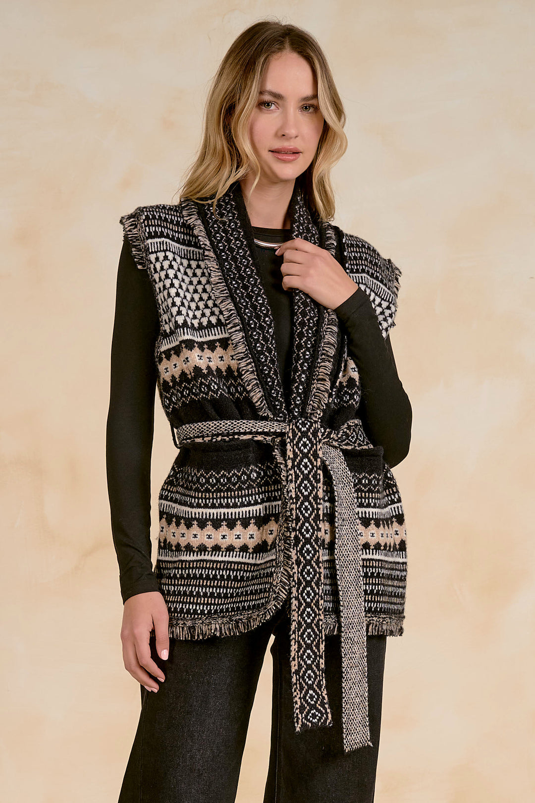 Elan Belted Fair Isle Sweater Vest – Black Multi