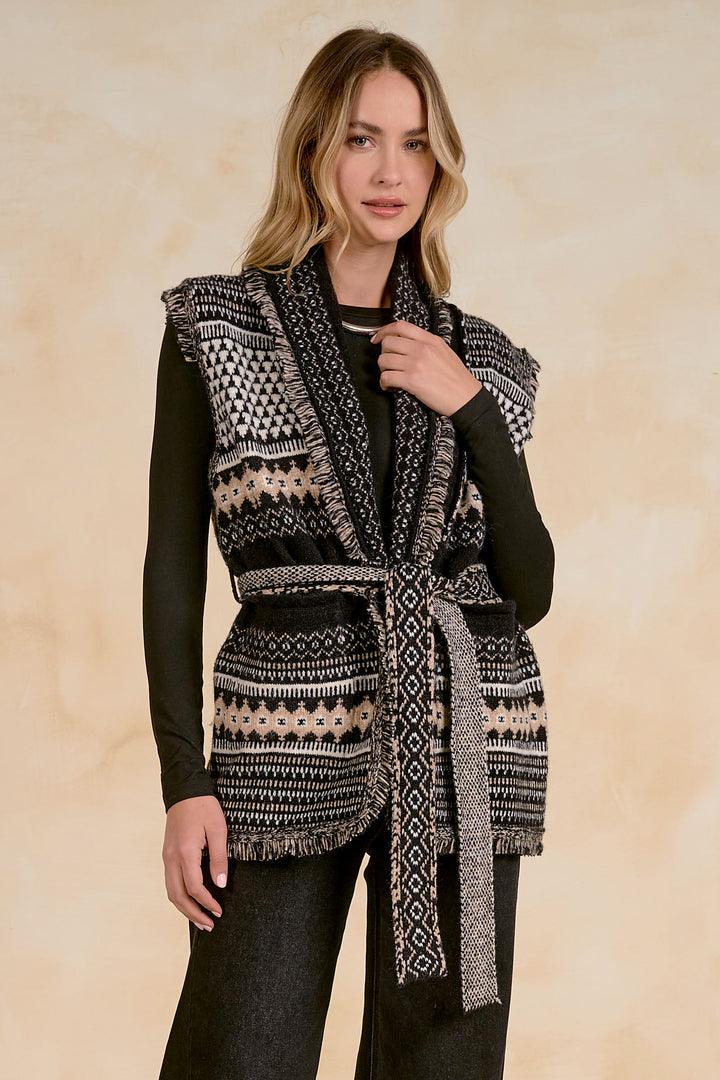 Elan Belted Fair Isle Sweater Vest – Black Multi