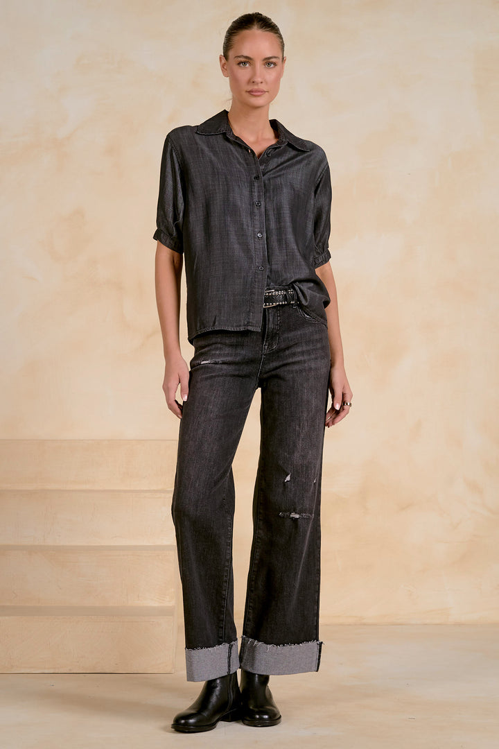 Elan 3/4 Sleeve Button Down - Black Wash