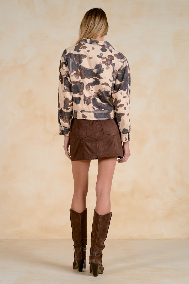 Elan Khaki Cow Print Cropped Denim Jacket