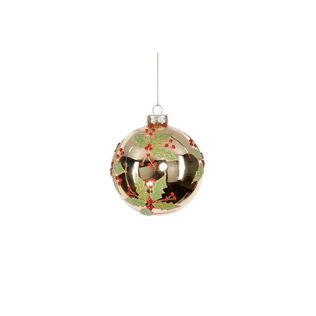 Holly Leaf w/ Berry Gold Glass Ornament, 4"