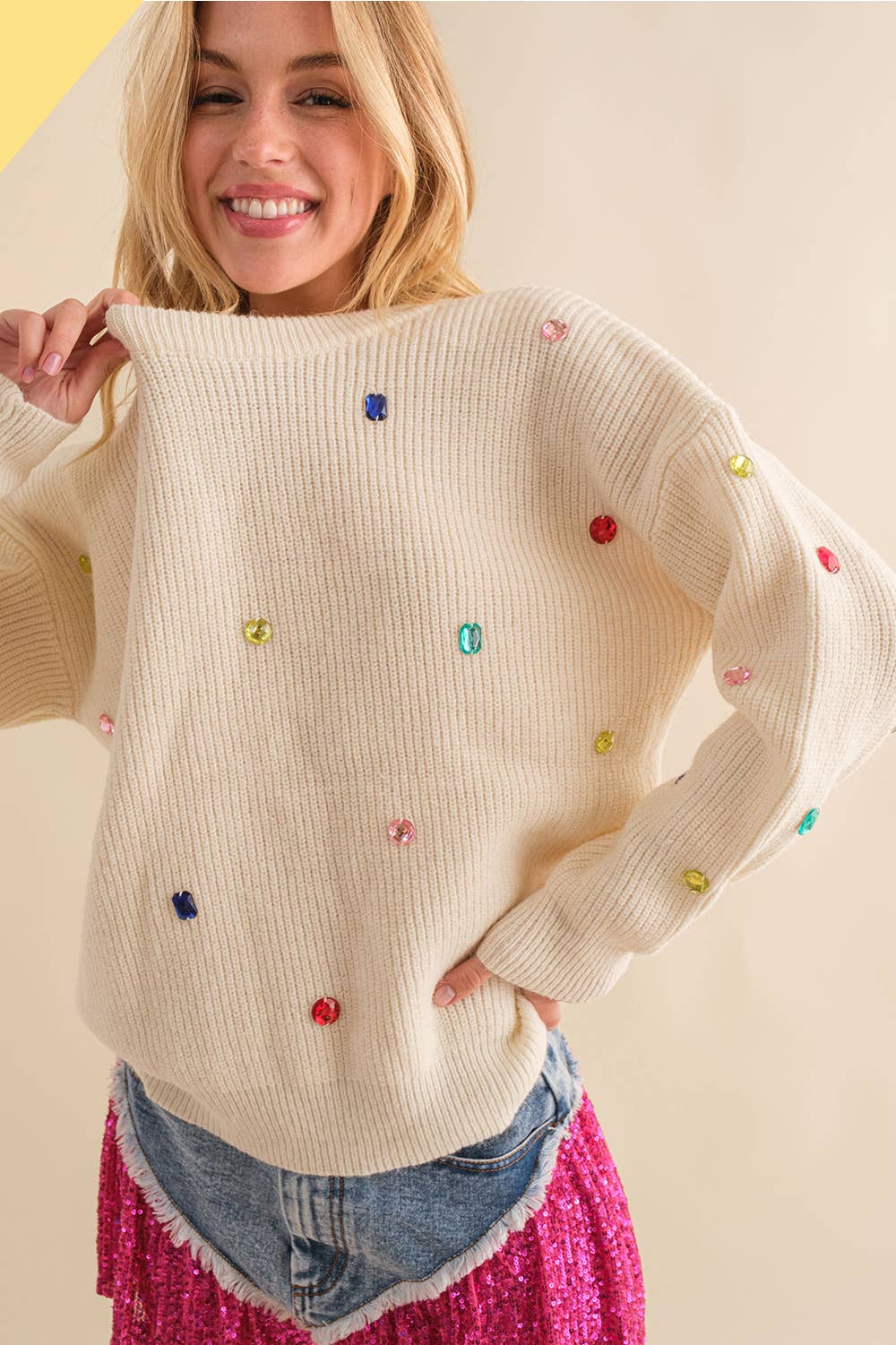 Funny Color Stone Trim Cozy Sweater