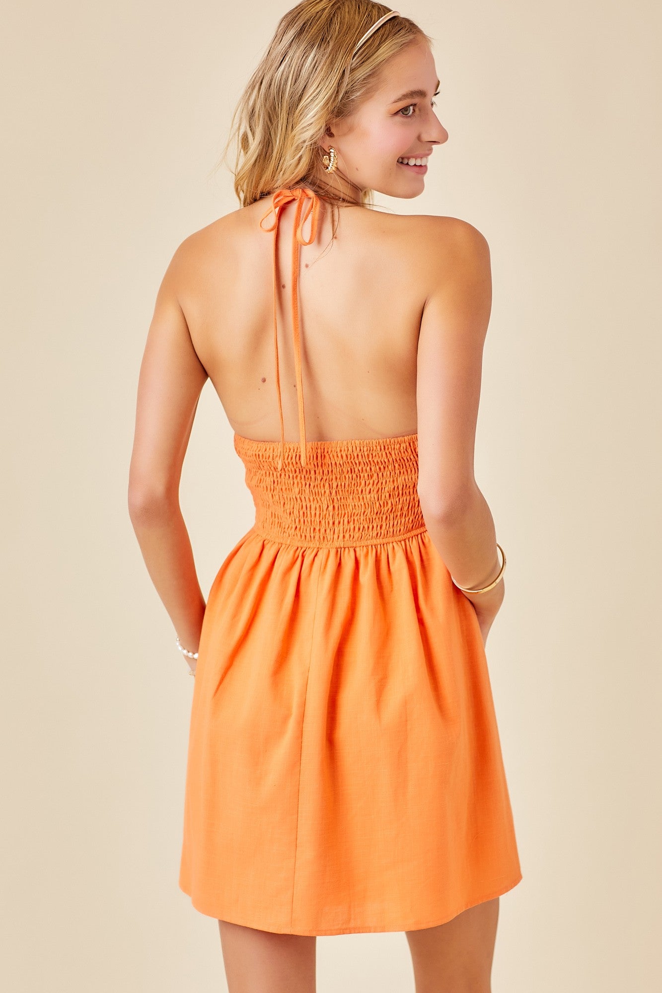 RUCHED FRONT HALTER MINI DRESS