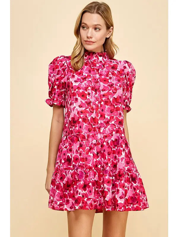 Floral Printed Dress With Ruffled Collar
