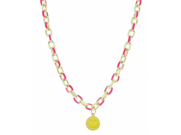 Orange Enamel Chain and Hot Pink Enamel Happy Face Disc Necklace