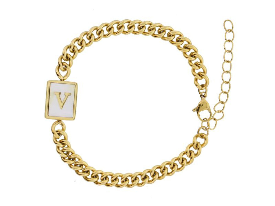 GOLD RECTANGLE WITH SHELL INLAY AND GOLD "V" INITIAL CENTER BRACELET