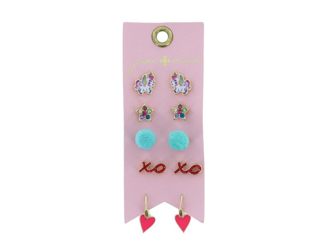 KIDS UNICORN, CRYSTAL STAR, TEAL POM, RED CRYSTAL "XO" STUDS, PINK HEART HUGGIE EARRINGS