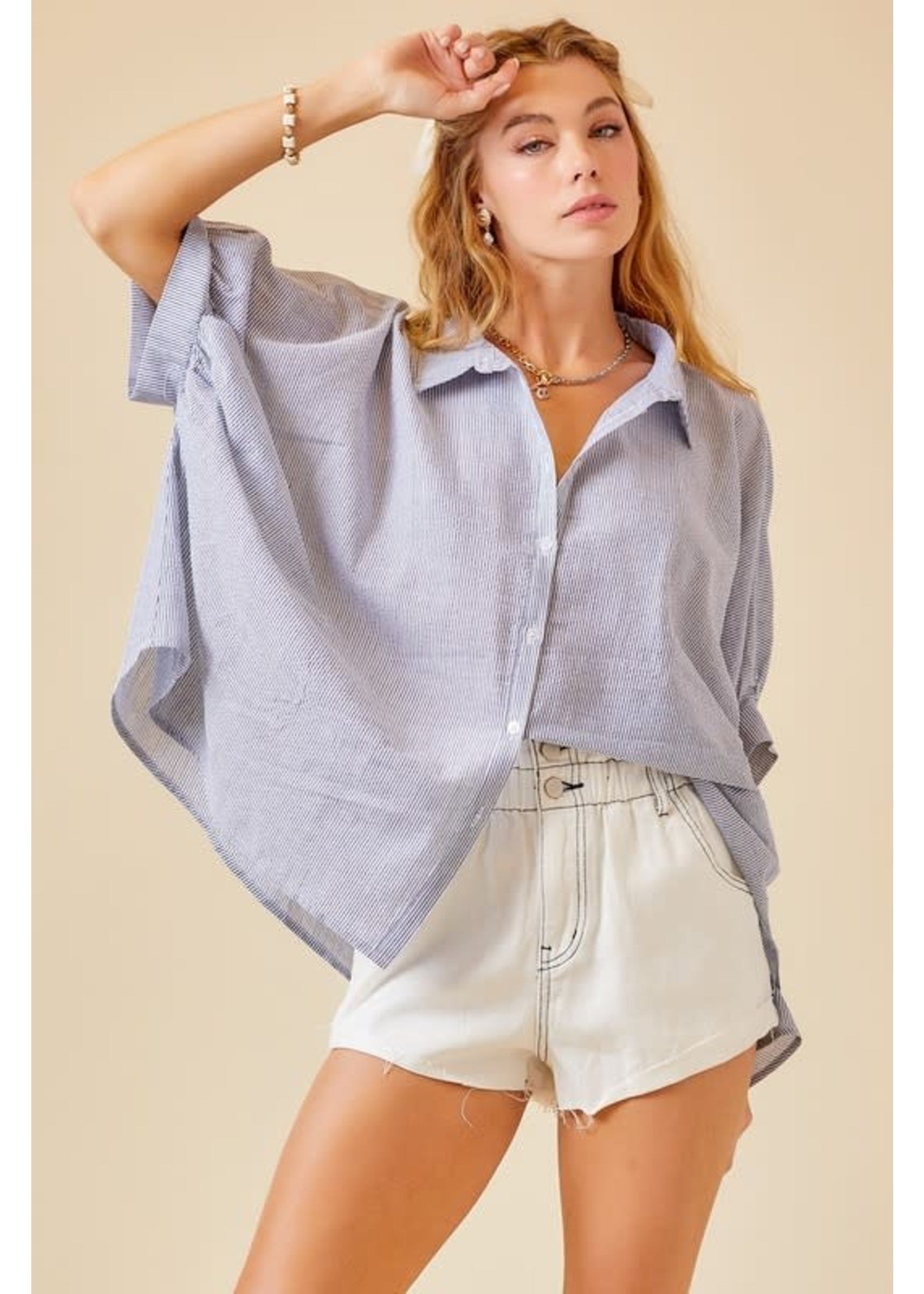 Flowy Texture Striped Button Down in dark blue