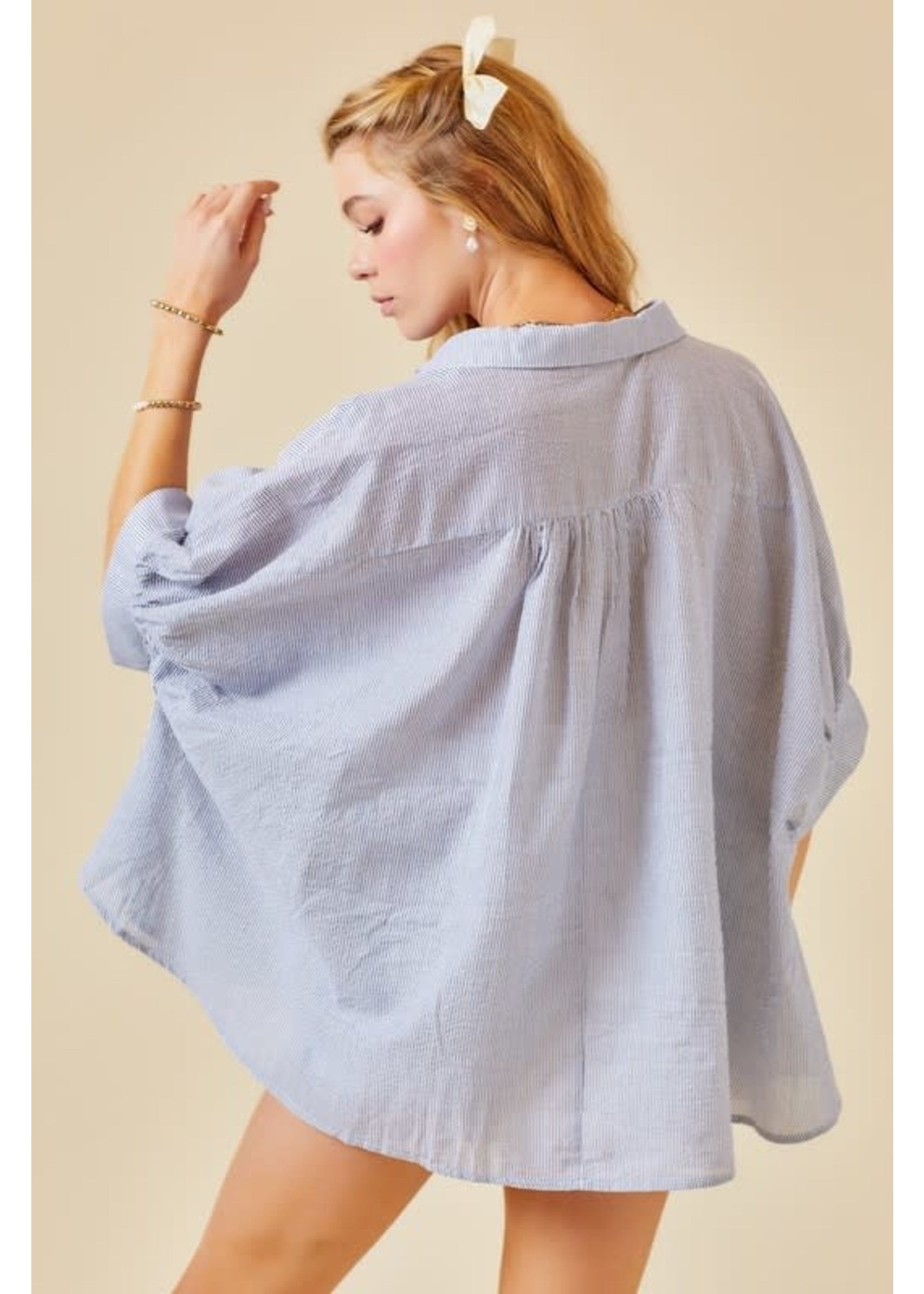 Flowy Texture Striped Button Down in dark blue